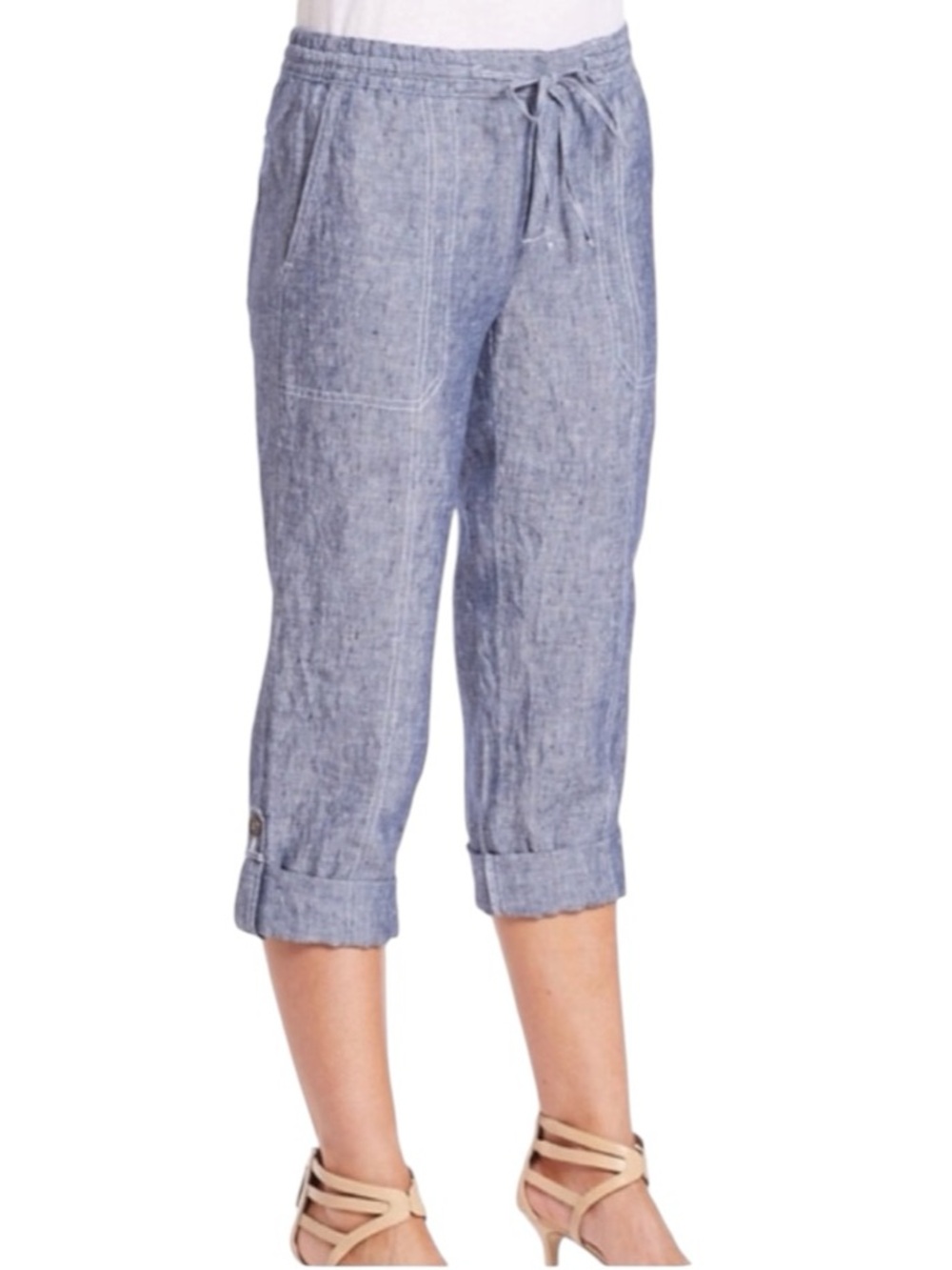 NWT Lord & Taylor Linen Chambray Cropped Rolled Hem Pants Blue Medium Petite